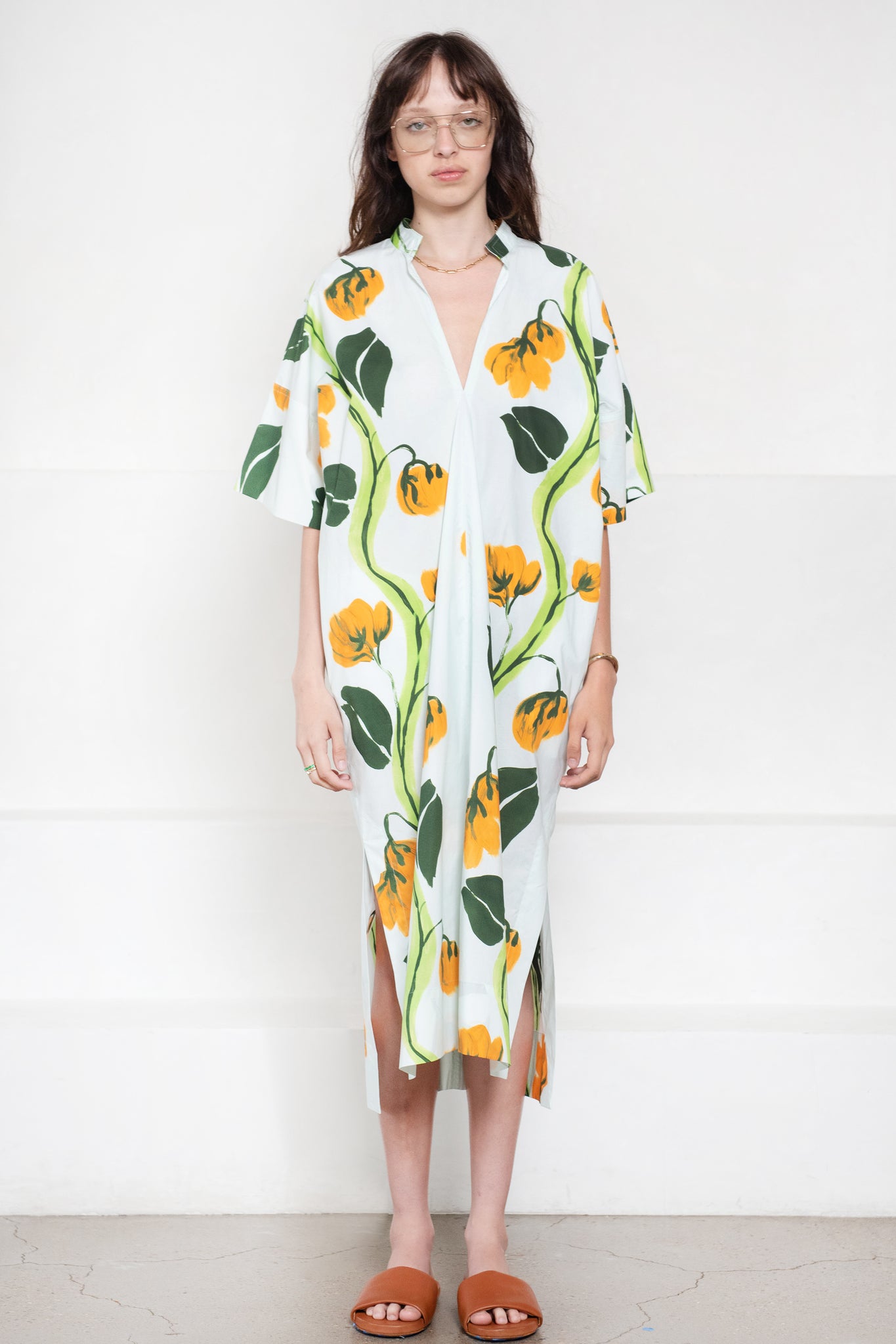 ODEEH - Midi Dress with Sleeves and Belt, Ice Green