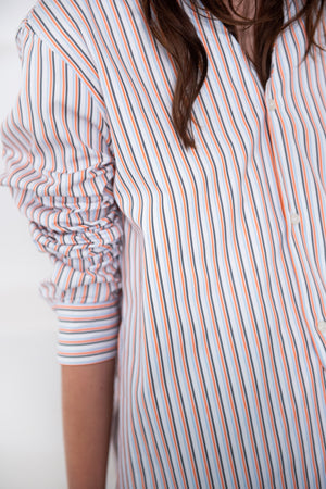 PLAN C - V-Neck Striped Shirt, Black & Apricot