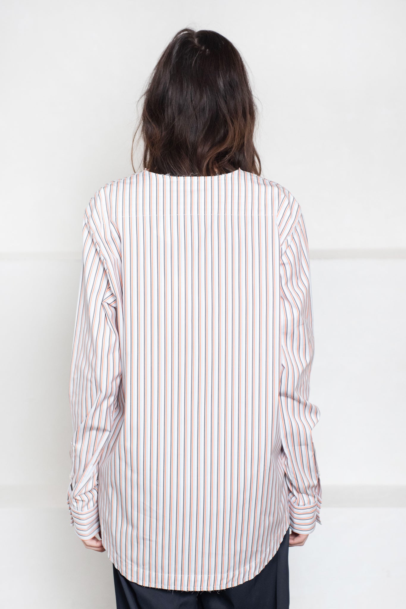 PLAN C - V-Neck Striped Shirt, Black & Apricot