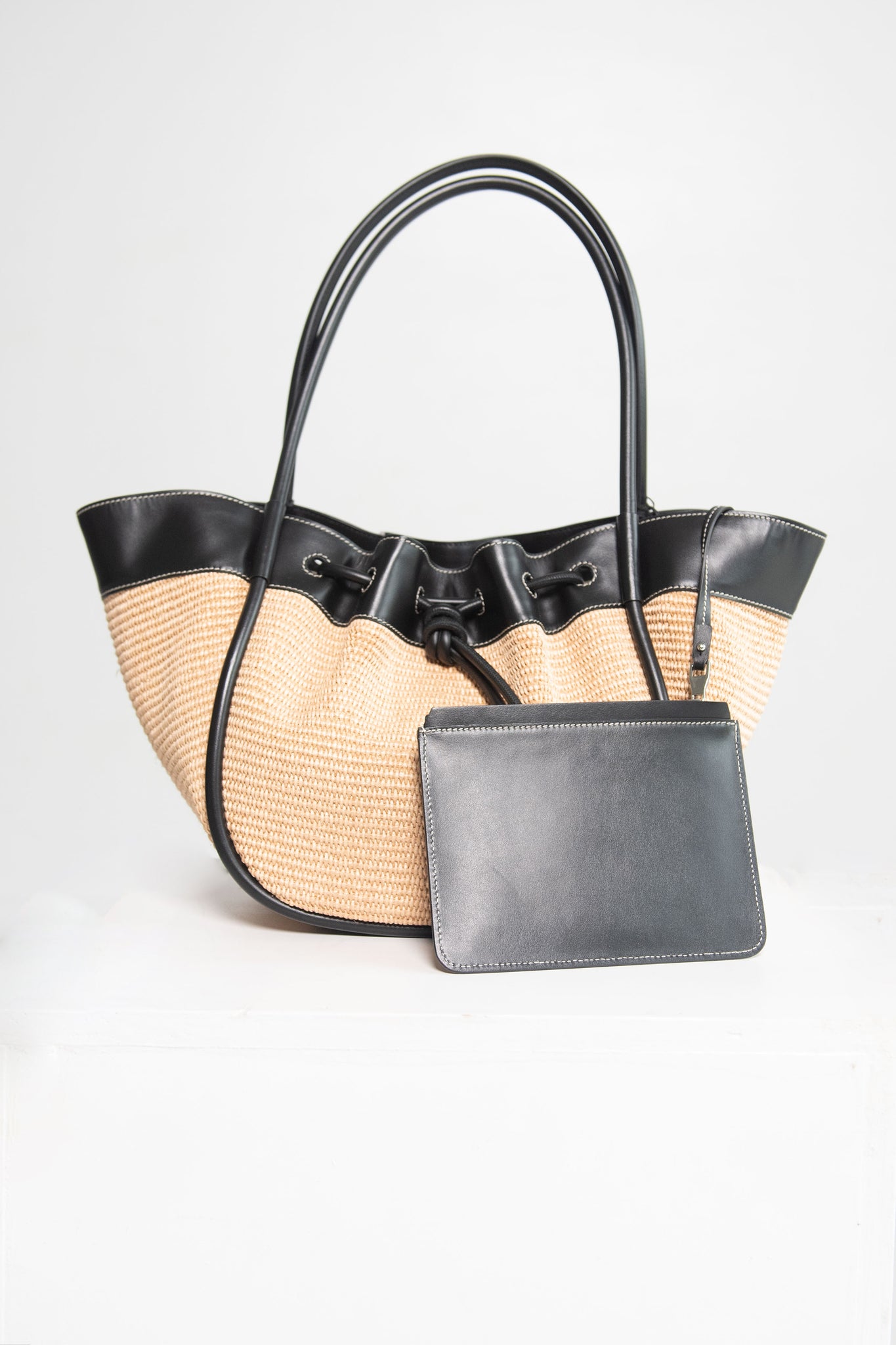 proenza schouler - Raffia Large Ruched Tote, Black & Sand