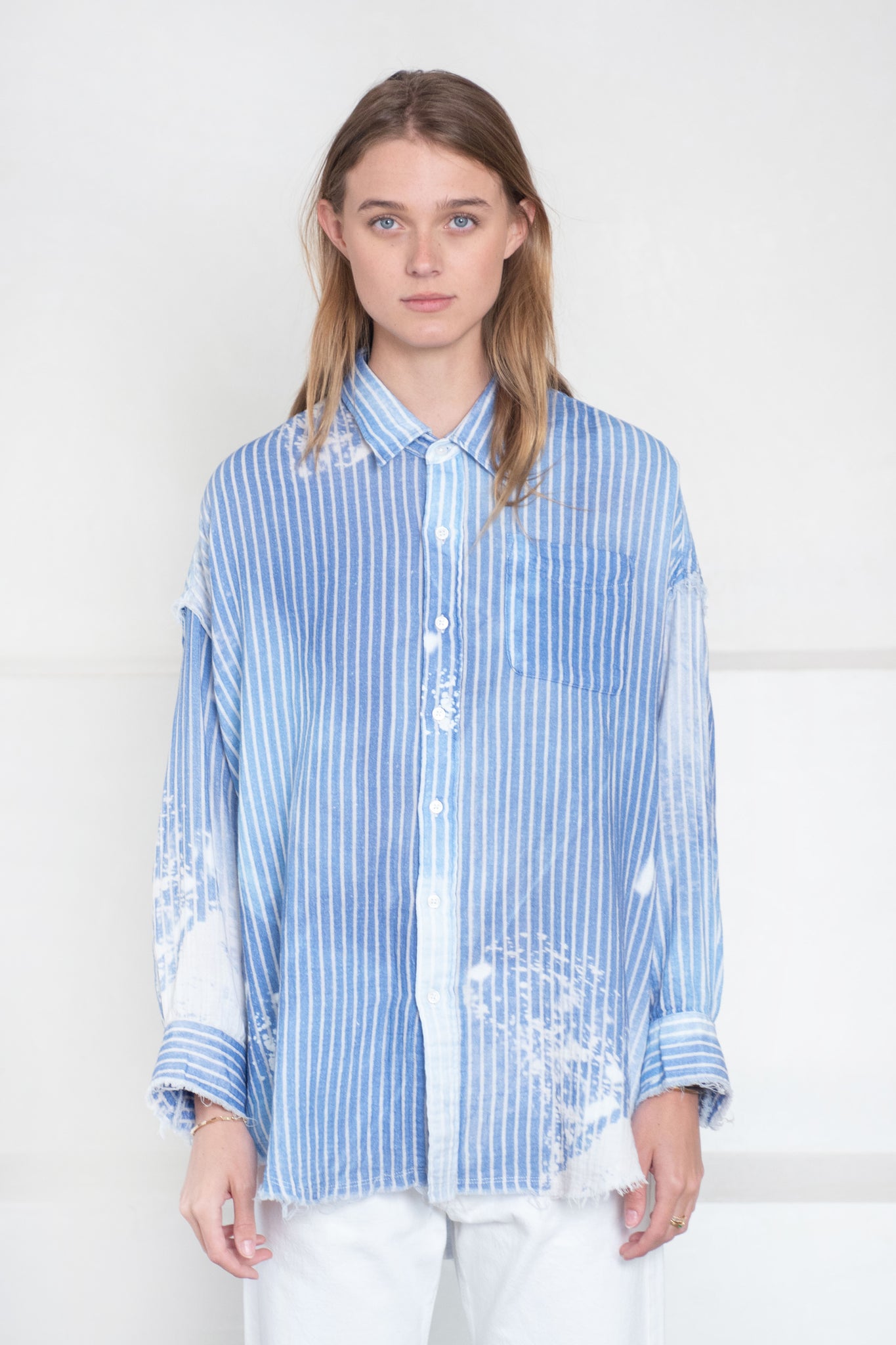R13 - Shredded Seam Drop Neck Shirt, Bleach Blue Pinstripe