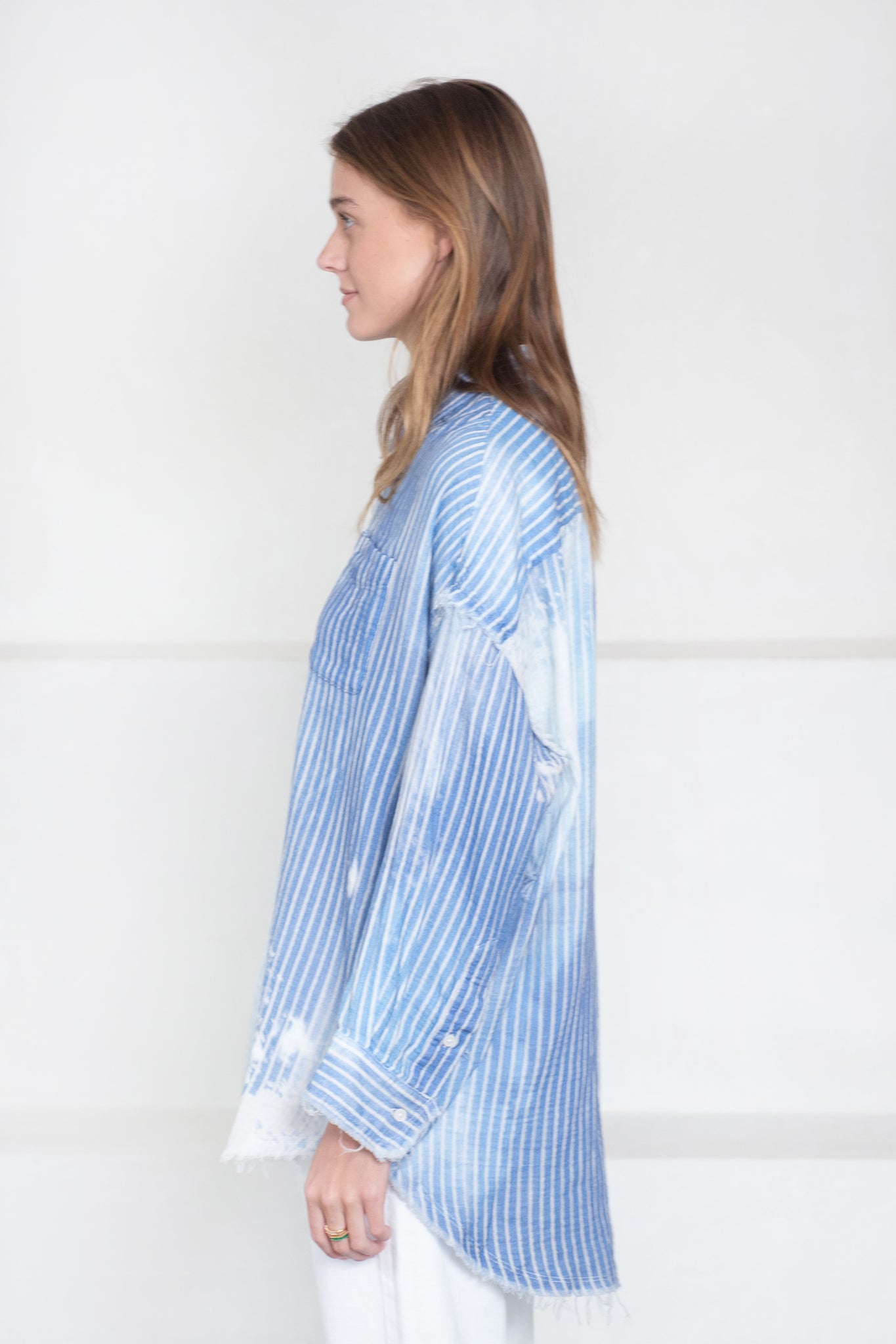 R13 - Shredded Seam Drop Neck Shirt, Bleach Blue Pinstripe