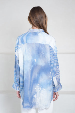 R13 - Shredded Seam Drop Neck Shirt, Bleach Blue Pinstripe