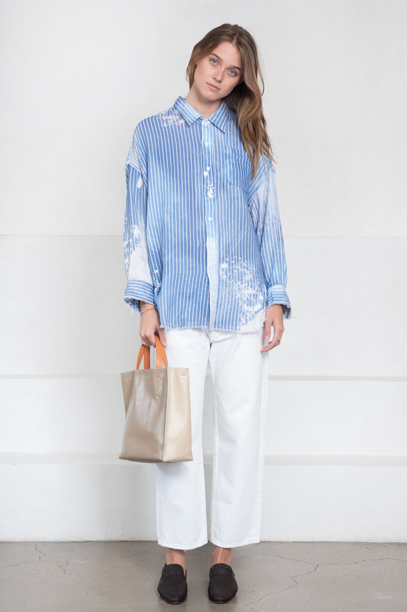 R13 - Shredded Seam Drop Neck Shirt, Bleach Blue Pinstripe