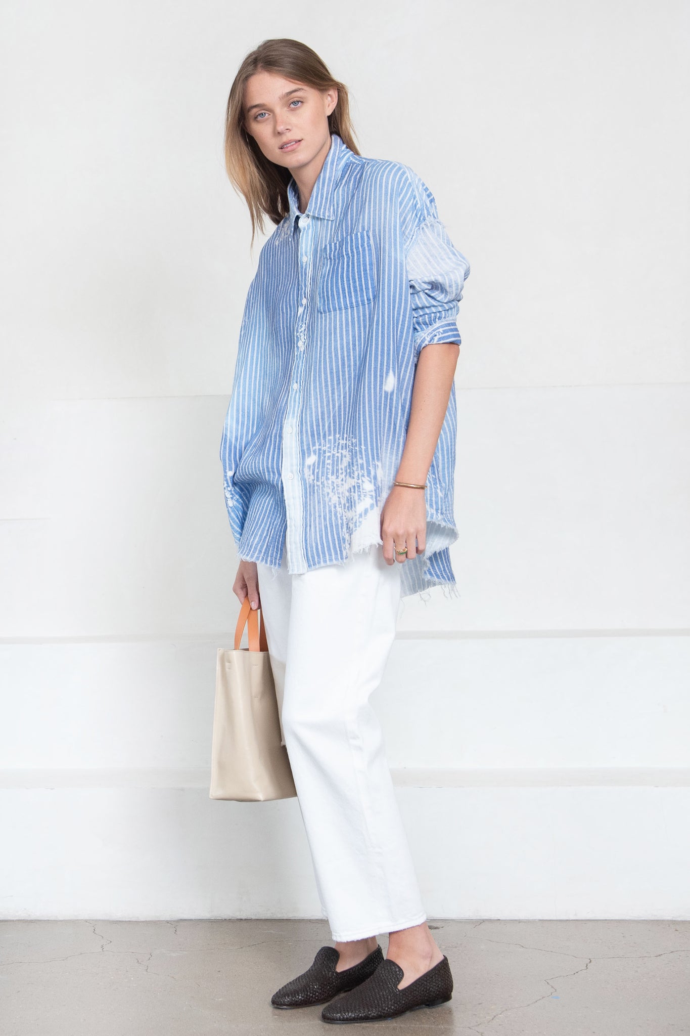 R13 - Shredded Seam Drop Neck Shirt, Bleach Blue Pinstripe