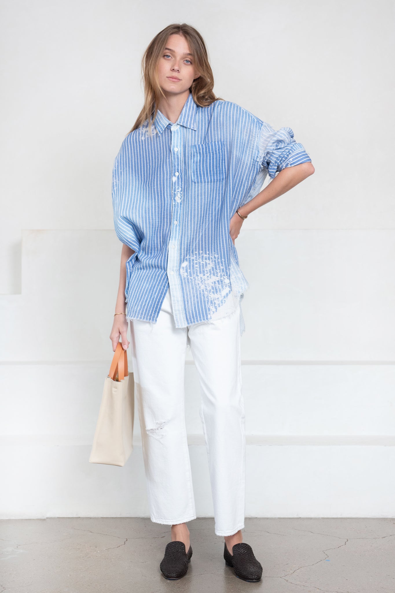 R13 - Shredded Seam Drop Neck Shirt, Bleach Blue Pinstripe