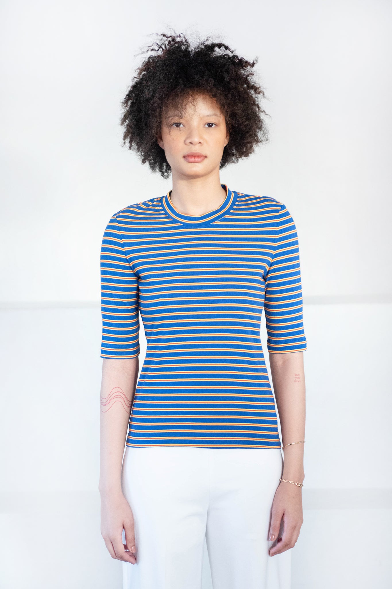 ROSETTA GETTY - Cropped Sleeve T-Shirt, Blue Stripe