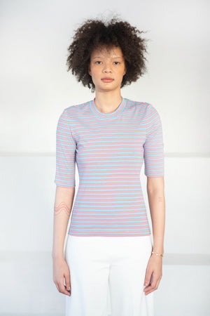 ROSETTA GETTY - Cropped Sleeve T-Shirt, Sky Stripe