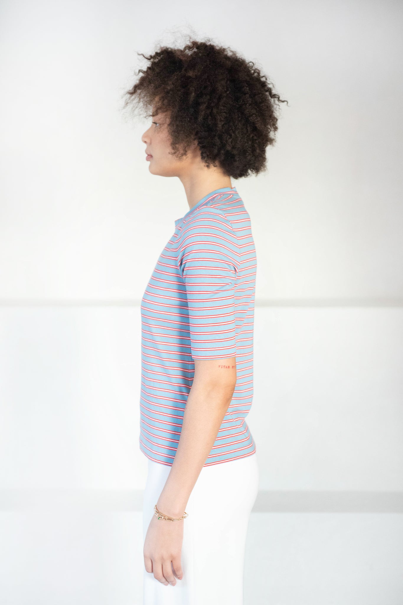 ROSETTA GETTY - Cropped Sleeve T-Shirt, Sky Stripe