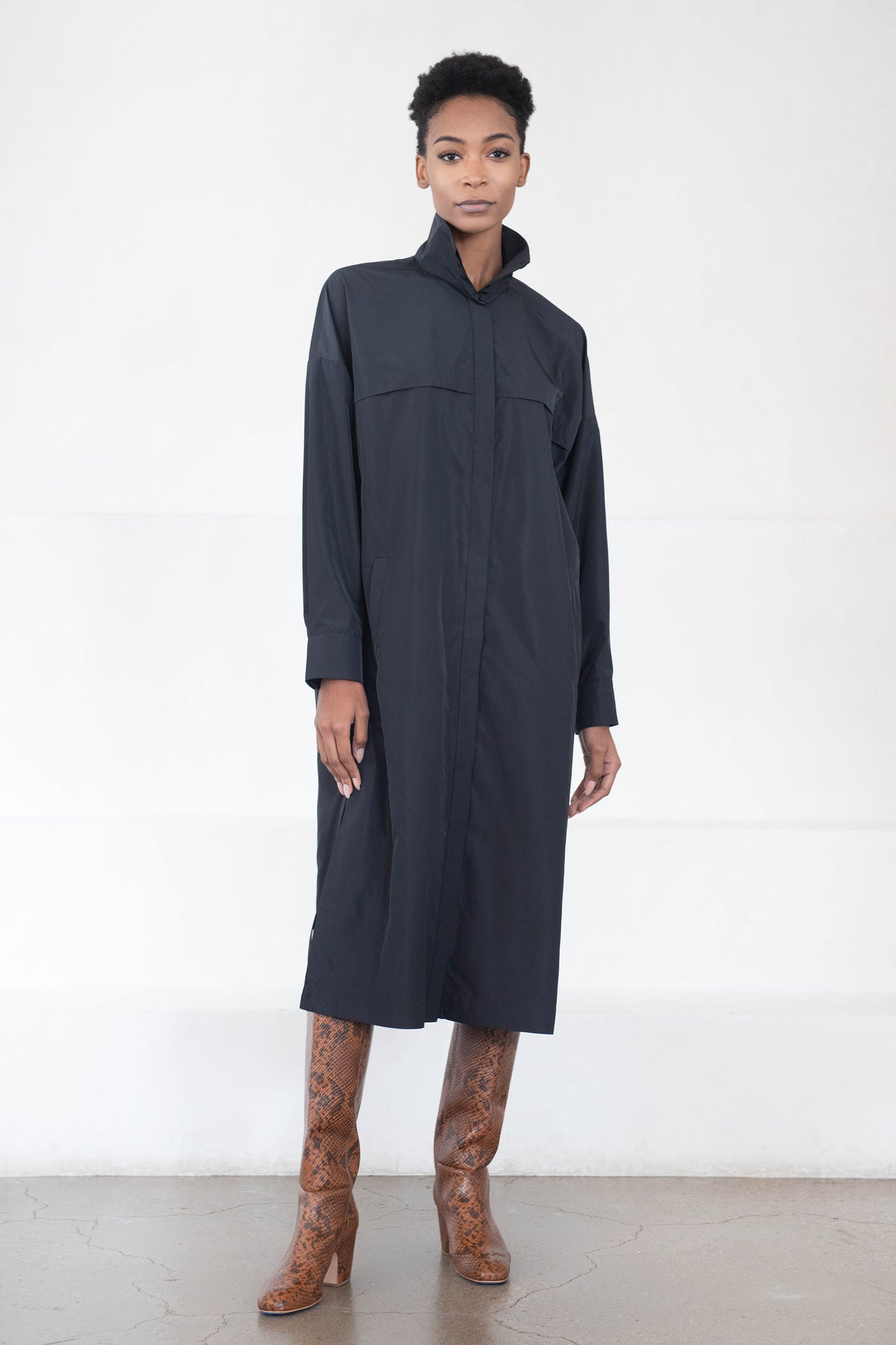 TIBI - Italian Sporty Nylon Shirtdress, Black