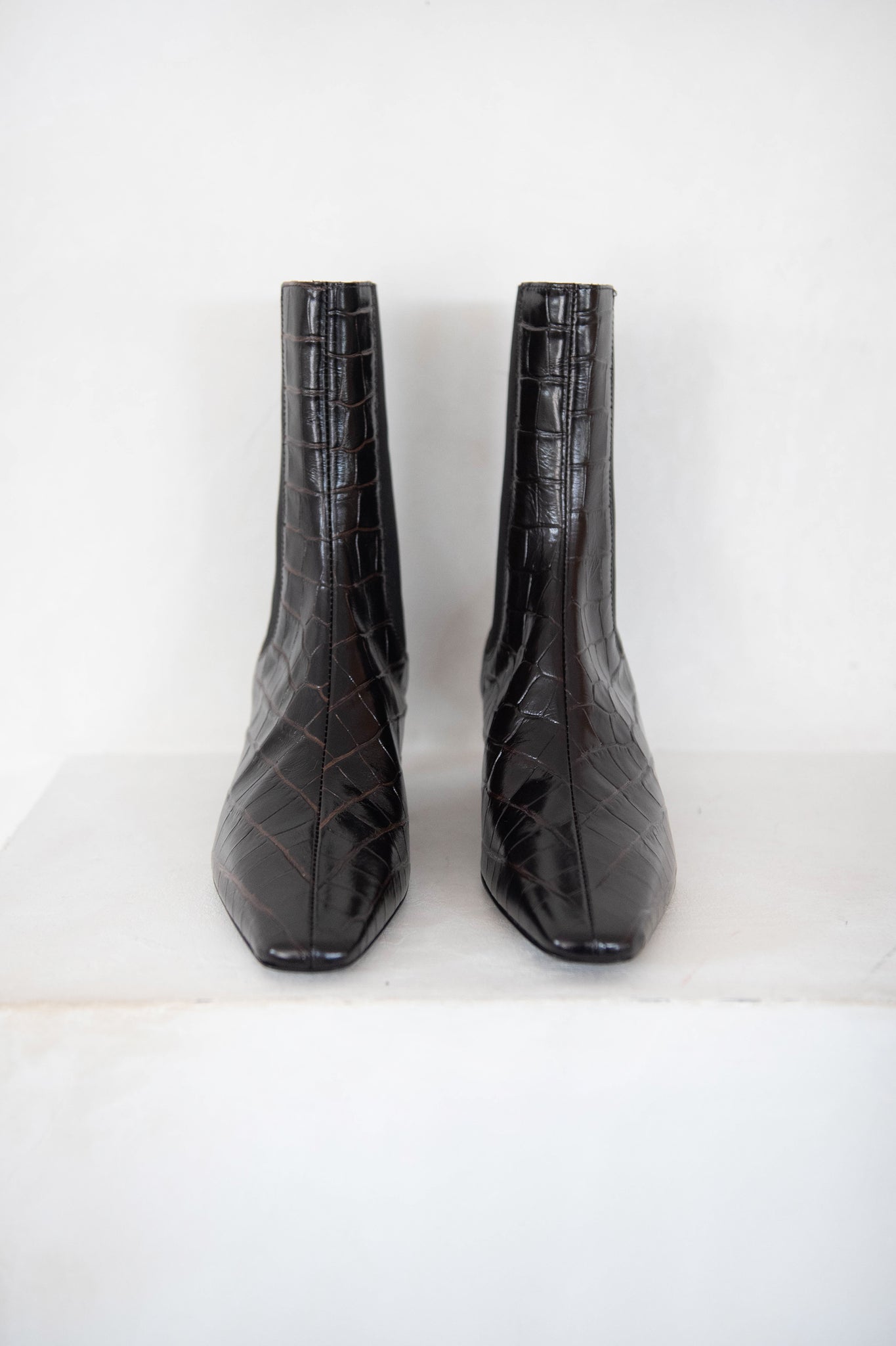 Totême - The Mid-Heel Leather Boot, Dark Brown Croco