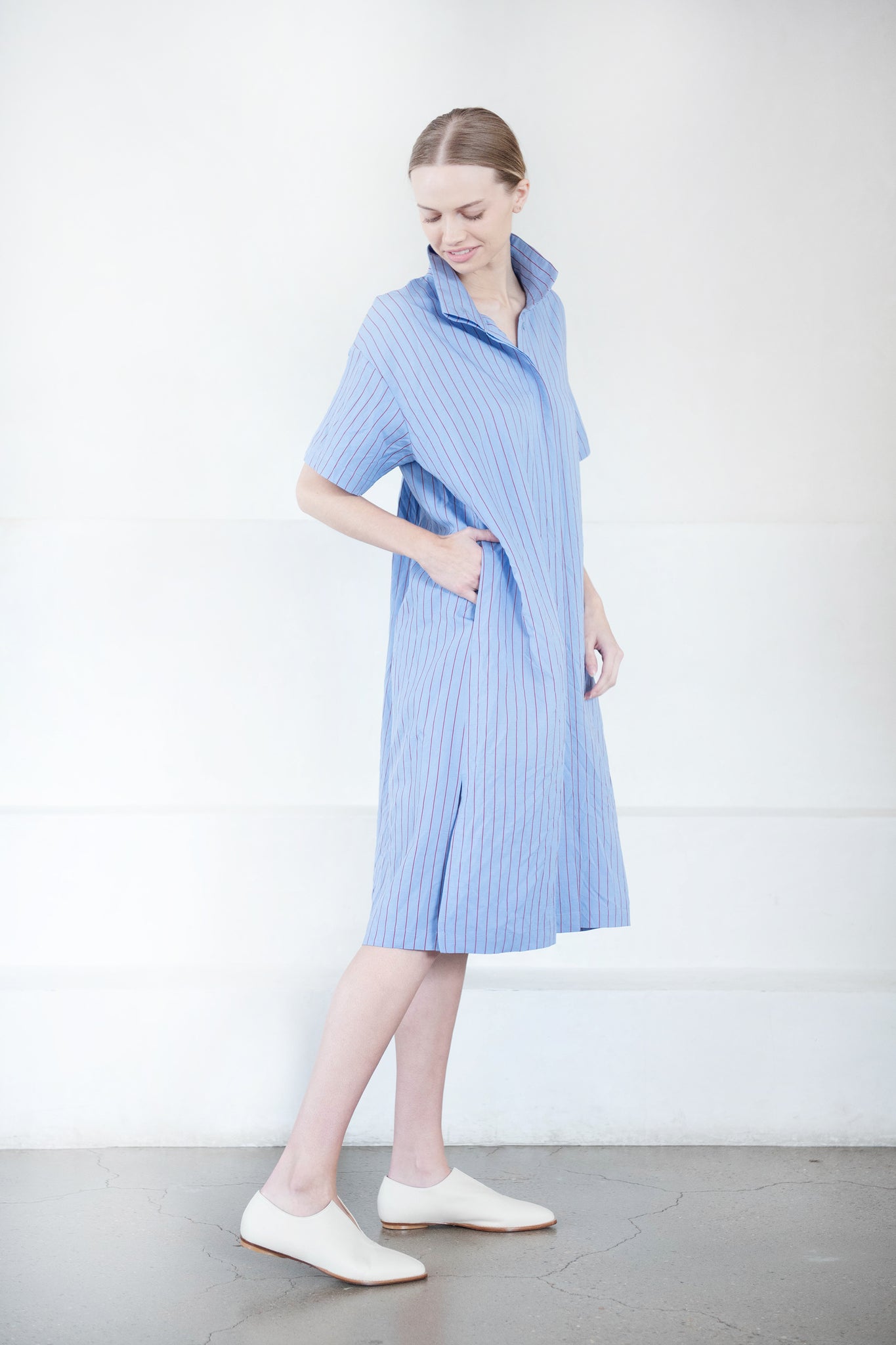 WJ MARTIN - Diane Dress, Blue & Burgundy Stripe